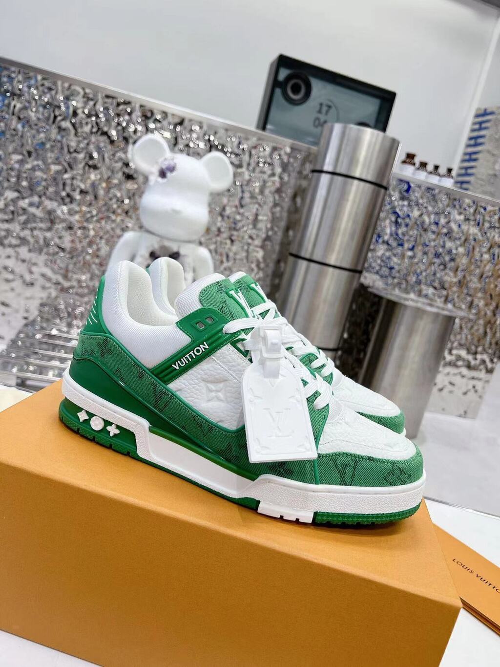 LV Trainer Green Monogram Denim White