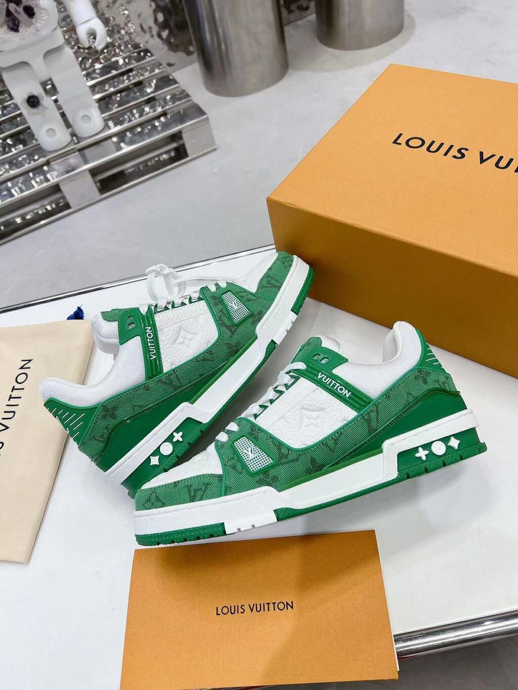 LV Trainer Green Monogram Denim White