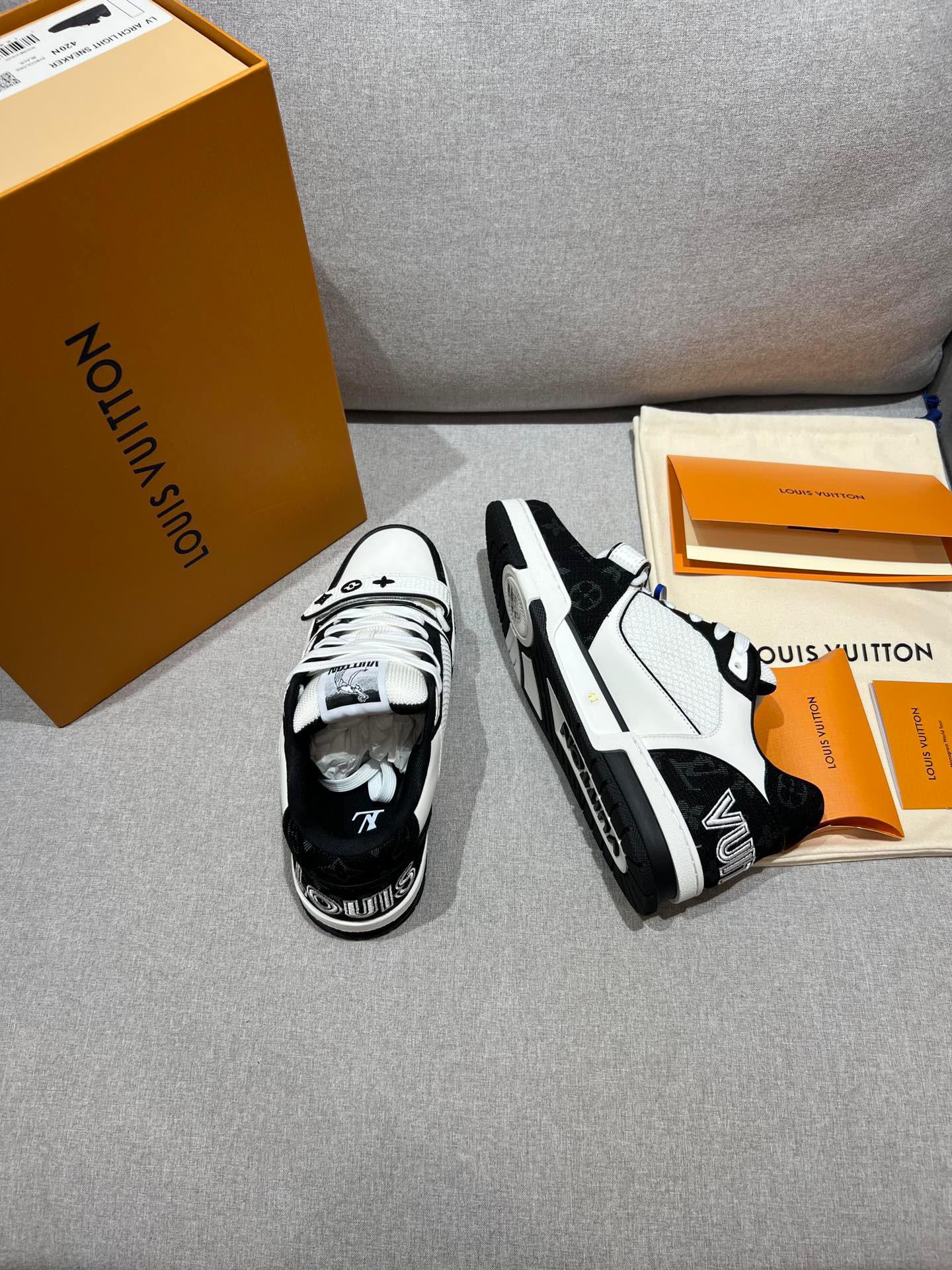 LV Trainer Low Velcro Strap Monogram Denim Black White