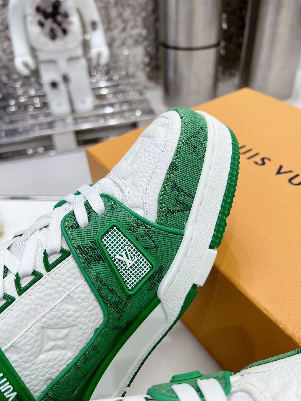 LV Trainer Green Monogram Denim White